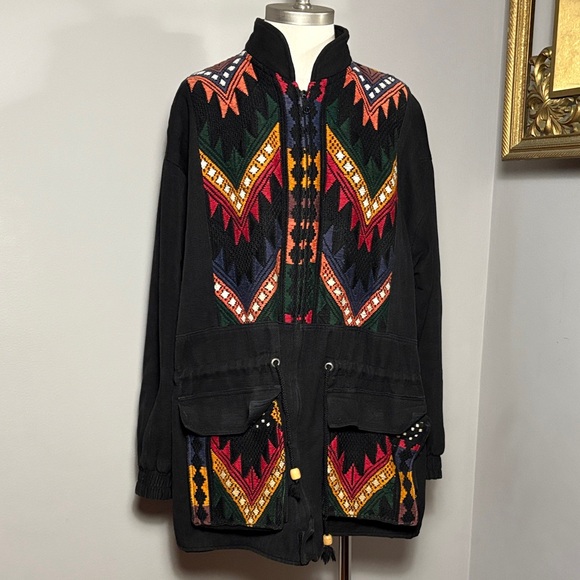 Vintage Jackets & Blazers - Catalina's Originals VINTAGE Large Black Cotton Coat Aztec Geometric